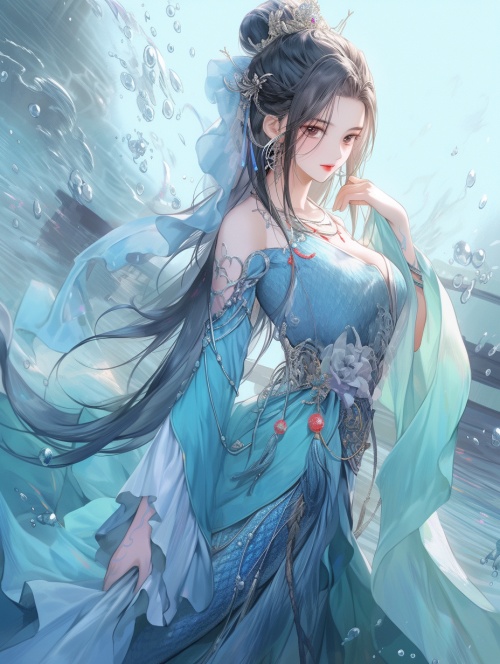 一条美人鱼，长相秀丽，华丽，大气优雅，身穿中国古代传统服饰，蓝衣华丽，上面有金丝花纹，发冠华丽，秀发及腰，全身透着清冷高贵，带着威仪