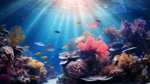 当阳光透过水面洒下，小尼莫和乌龟还有各种鱼儿在水中上演一场绝妙的表演，粉色和蓝色珊瑚，还有长长的水草，在光线下绽放出绚丽的色彩，唯美，写实，水下摄影视角