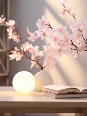 白色木桌书背景上的春粉色桃花与粉色水晶葡萄台灯