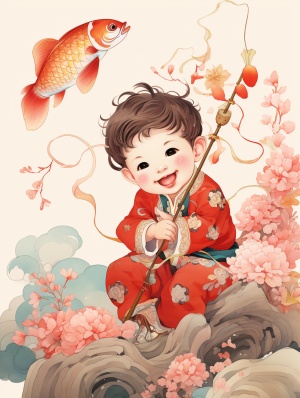 中国传统杨柳青年画，水墨画技法，以水墨为基础，使用毛笔进行描绘，细腻的线条和淡雅的色彩表现自然景物，贴画，喜庆，吉祥，留着两个小辫子的男婴，坐在一条装饰着鲜花的红色大鲤鱼上，以传统技术的风格重新设计，和谐的配色方案，传统的卷轴画，浅米色和琥珀色，俏皮可爱，高分辨率，精确的线条，工笔，中国传统工艺，