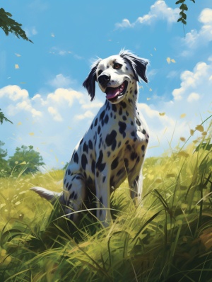 阳光下，草地上的狗狗与小蓝的明亮斑点
