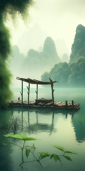Misty Landscape: Bamboo Raft and Emerald Green Lake