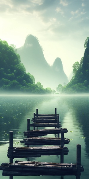 Misty Landscape: Bamboo Raft and Emerald Green Lake