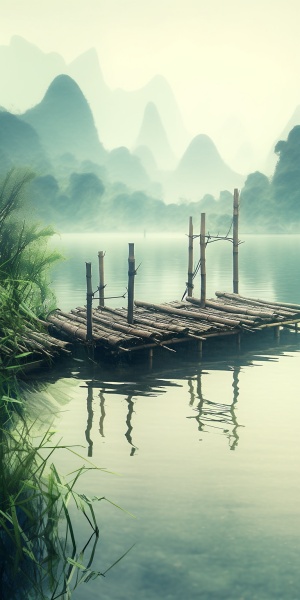 This is a landscape photo with a bamboo raft in Guilin in the foreground and a misty landscape in the distance. The emerald green lake water sets off a peaceful atmosphere, with a refreshing and soothing overall tone. 4K, best quality, high resolution. Original style-