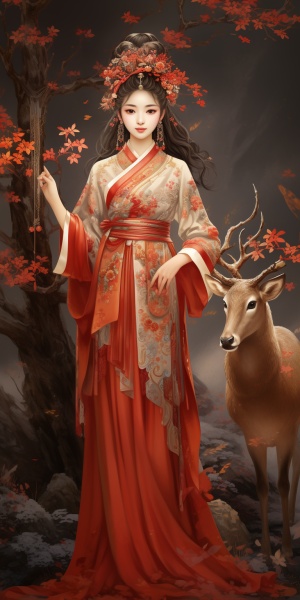 祥瑞环绕的中国九色鹿与红衣少女：细腻展现传统中国风