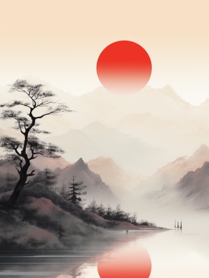 带有红色太阳和风的日本山景，极简主义肖像风格，平静的水域，jon j muth，超现实动画，精致的风景，由薄雾制成，虚构的风景