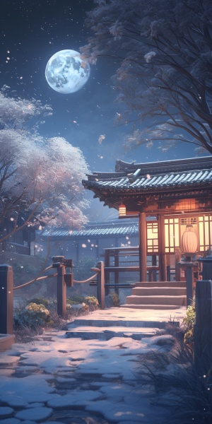 超现实的中国古代CG效果图，一条小路，路边的老房子，夜晚的枫树和乳白色的白叶，冬天，雪景，天空中的月亮，高清.16K高清,，