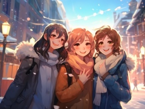 The daily life of the three girls wearing down jackets, such as shopping, hiking, going to the park, eating, partying, beautiful streets, Miyazaki style, and visible snowflakes floating in the sky