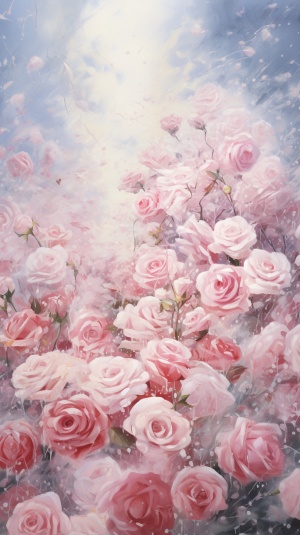 玫瑰花海，一望无际的雪地上，长满了粉红色玫瑰花，有雪花飘落，意境深远，远景，深远景观，远景，天空，真实拍摄