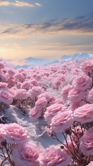 玫瑰花海与飘落雪花的远景景观