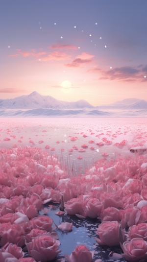 玫瑰花海与飘落雪花的远景景观