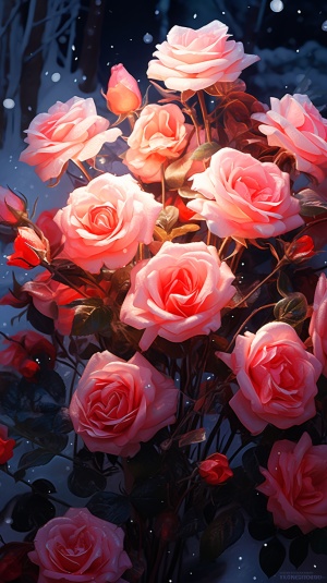 雪地上的粉红玫瑰：虚幻引擎5风格下的美丽光线