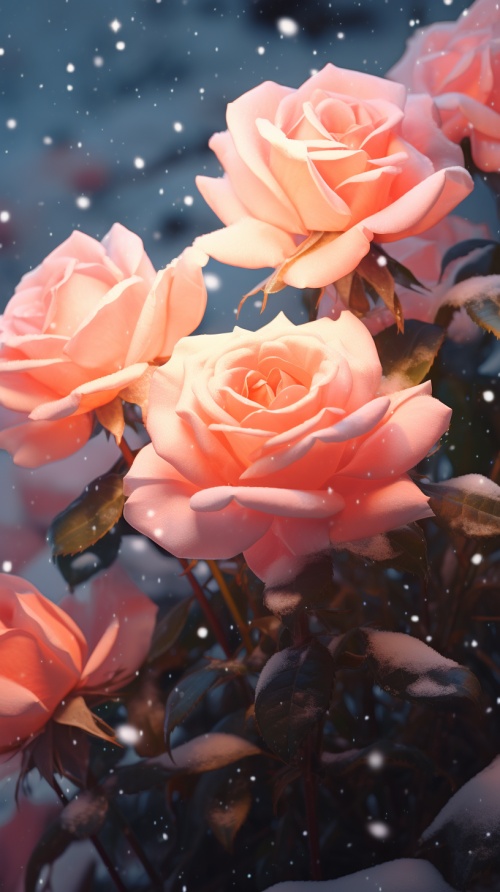 雪地上的粉红玫瑰在漆黑的夜晚点亮，以虚幻引擎5的风格，流行inspo，浅橙色和浅米色，浅白色和浅红色，y2k美学，我不敢相信这是多么美丽，tsubasa nakai，写实画风，真实光线