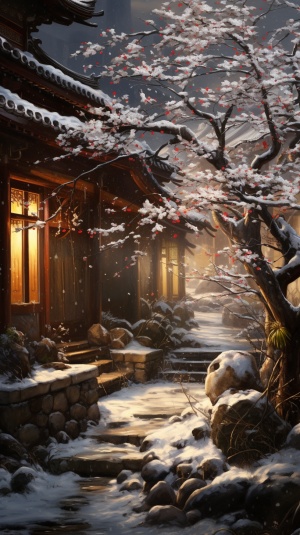 中式庭院中的暖色光芒和落雪装饰