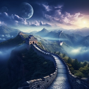一轮明亮的月亮照耀在中国长城的上空