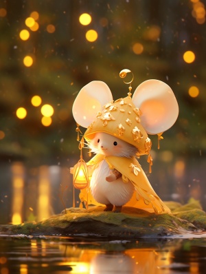 一只可爱的老鼠，带着白色的帽子，拟人化的，穿着金色发光的衣服，闪闪发光的背景，站在水上，黄色光芒，3D艺术，pop mart，盲盒玩具，黏土材质，明亮的色彩，自然光照，最好的质量，获奖作品，全高清8K