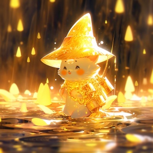 可爱猫咪水上站立，带白帽金衣闪闪发光，明亮色彩质量最佳的3D艺术玩具8K获奖作品