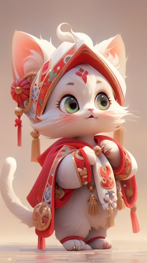 3D，立体，可爱卡通敦煌小猫咪，拟人的手法，站立，穿着中国传统服饰的小猫咪，敦煌壁画风格，五彩飘带，正脸，可爱，大眼睛，圆嘟嘟，敦煌壁画风格