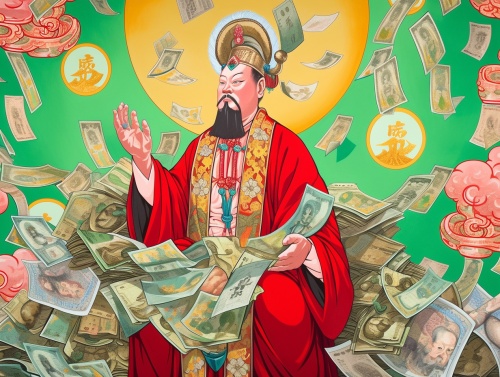 一幅中国神拿着金盘子的画，以名人肖像的风格，具有个性，红色和绿色，以金钱为主题，挪用艺术家，lyco艺术，新学术主义，纪念性壁画