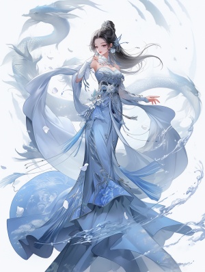中国古代明代风格，一条美人鱼，中景唯美风格，着宝石蓝颜色的华服，头戴头饰