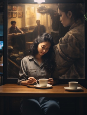 咒語來了一個台灣女子坐在咖啡厅里、手拿著一杯咖啡，她開心地看著站在桌上的她的縮小版、真實照片