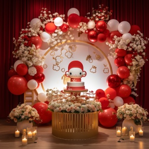 中国风的周岁宝宝生日宴舞台布置效果图，高清，要有两条气球链，甜品摆台，后面背景板上在加一些花