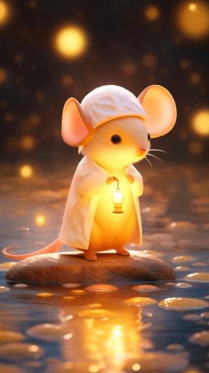 可爱老鼠水上站立，穿金服饰，背景闪闪发光