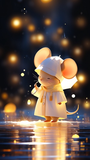 一只可爱的老鼠，带着白色的帽子，拟人化的，穿着金色发光的衣服，闪闪发光的背景，站在水上，黄色光芒，3D艺术，pop mart，盲盒玩具，黏土材质，明亮的色彩，自然光照，最好的质量，获奖作品，全高清32K