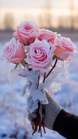冬天的农村中真实存在的粉色玫瑰花