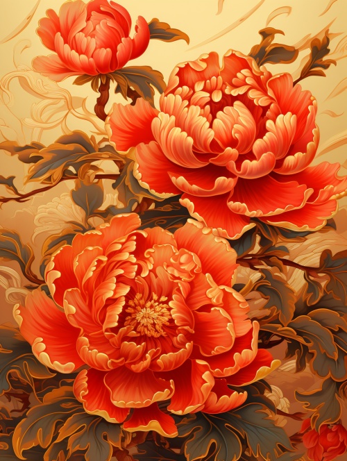 Peonies in full bloom, gold scroll style, Chinese New Year style