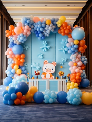 明亮酒店周岁宴舞台布置效果图，高清+气球链+甜品台+漂浮气球+卡通动物造型
