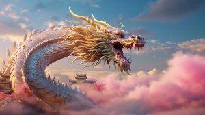 Golden Dragon, Chinese style, Chinese Dragon, distinct levels, clear details, natural harmony, light illuminated, bright, pink light blue clouds, lifelike take-off Golden Dragon, 3D halo dyeing, HD, HDR,16k, full texture
