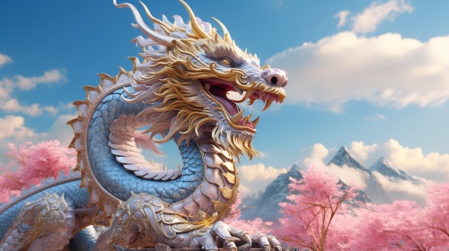 Golden Dragon, Chinese style, Chinese Dragon, distinct layers, clear details, Natural Harmony, Light Illumination, Bright, Pink Cloud, Light Blue Cloud, lifelike, soaring Golden Dragon, 3D Halo dyeing, HD, HDR,16k, full texture, uniform and bright light