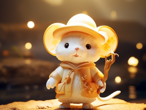 一只可爱的老鼠，带着白色的帽子，拟人化的，穿着金色发光的衣服，闪闪发光的背景，站在水上，黄色光芒，3D艺术，pop mart，盲盒玩具，黏土材质，明亮的色彩，自然光照