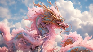 Golden Dragon, Chinese style, Chinese Dragon, distinct layers, clear details, Natural Harmony, Light Illumination, Bright, Pink Cloud, Light Blue Cloud, lifelike, soaring Golden Dragon, 3D Halo dyeing, HD, HDR,16k, full texture, uniform and bright lightLong pink hair, exquisite facial features, big eyes full of aura, beautiful appearance, fair and transparent skin, perfect and thin figure, bumpy, woman in white Chinese costume, fairy, 16K picture quality, looming in pink-blue smoke, ultra-high definition, l