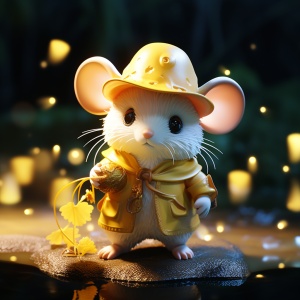 一只可爱的老鼠，带着白色的帽子，拟人化的，穿着金色发光的衣服，闪闪发光的背景，站在水上，黄色光芒，3D艺术，pop mart，盲盒玩具，黏土材质，明亮的色彩，自然光照，最好的质量，获奖作品，全高清8K🎈绘画风格：动