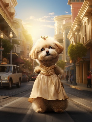泰迪犬穿着高贵连衣裙在繁华都市街道上展现金色层次光