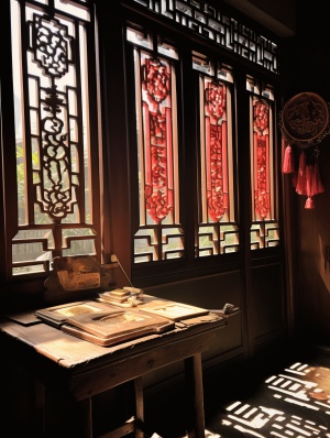 古代木质窗户，展现传统文化的福字贴纸