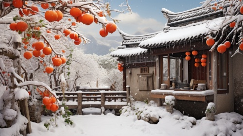 一颗柿子树挂满柿子，下雪，厚厚白雪，川西民居，一对红红的灯笼挂在屋檐下，雪花飞舞，摄影写实