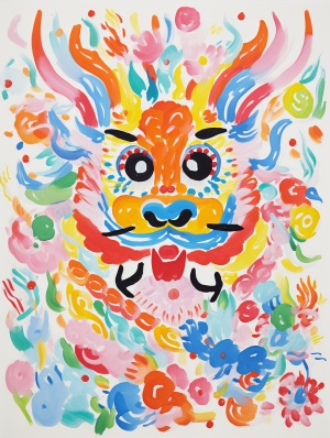 very cute chinese dragon painted by Maud Lewis, Chinese New Year atmosphere，Head close-up, abstract simple lines, illustration, Multi-color, advanced color matching ar 3:4 s 1000 v 6.0