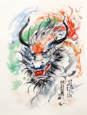 Very lovely Chinese dragon painted by Qi Baishi, Chinese New Year atmosphere, head close-up, abstract simple lines, illustrations, multi-color, advanced color matching ratio 3:4s 1000 v 6.0