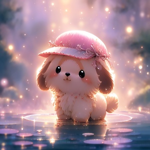 可爱小狗穿粉帽站水边金衣背光背景艺术盲盒玩具