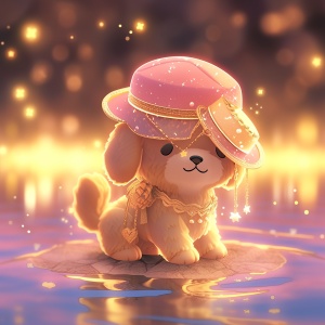 一只可爱的小狗，带着粉色的帽子，拟人化的，穿着金色发光的衣服，闪闪发光的背景，站在水上，黄色光芒，3D艺术，pop mart，盲盒玩具，黏土材质，明亮的色彩，自然光照，最好的质量，获奖作品，全高清8K
