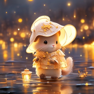 可爱老鼠穿白帽子金衣闪亮背景3D pop mart 黏土艺术玩具