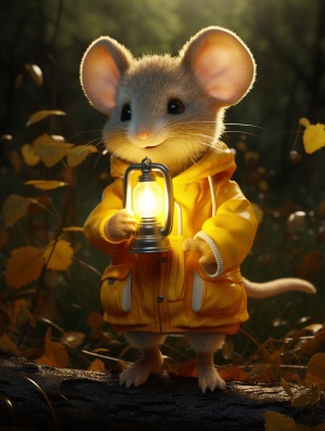 可爱小老鼠穿黄色衣服，提灯笼，迷人灯光