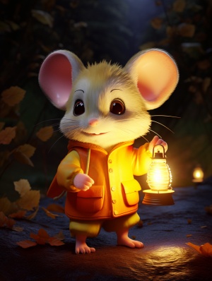 一个可爱的小老鼠穿着黄色衣服，提着小灯笼，动画鼠标在深夜，采用浅银和浅琥珀色，32k uhd，迷人的灯光，ohare kei，卡通现实主义，黄色和粉红色，迷人的灯光