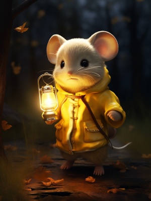 可爱小老鼠穿黄色衣服，提灯笼，迷人灯光