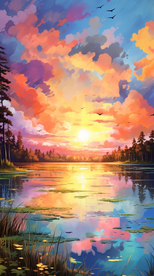 nai sunset, lake, sky, orange, pink, clouds, lake, blue-green, trees, breeze, shadow, sunlight, leaves, vibrant, alive, peace, tranquility, color.Watercolor