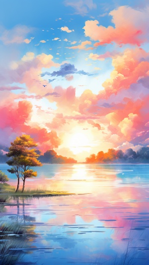 Vibrant Sunset: A Peaceful Watercolor of Tranquil Lake