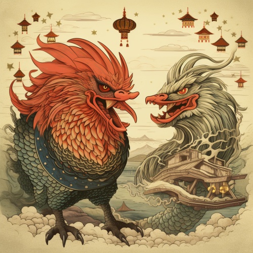 一个鸡和一个龙是个好朋友，下方写着“龙年大吉”